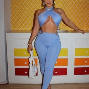 Two Piece Wrap Halter Cross Top & Camisole Strap Pant Set